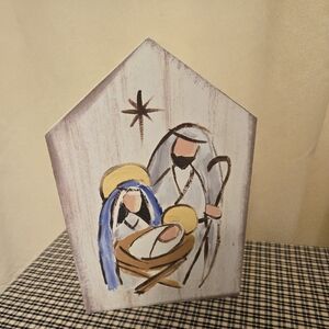 Nativity Scene Wooden Plaque - Folk Art Primitive